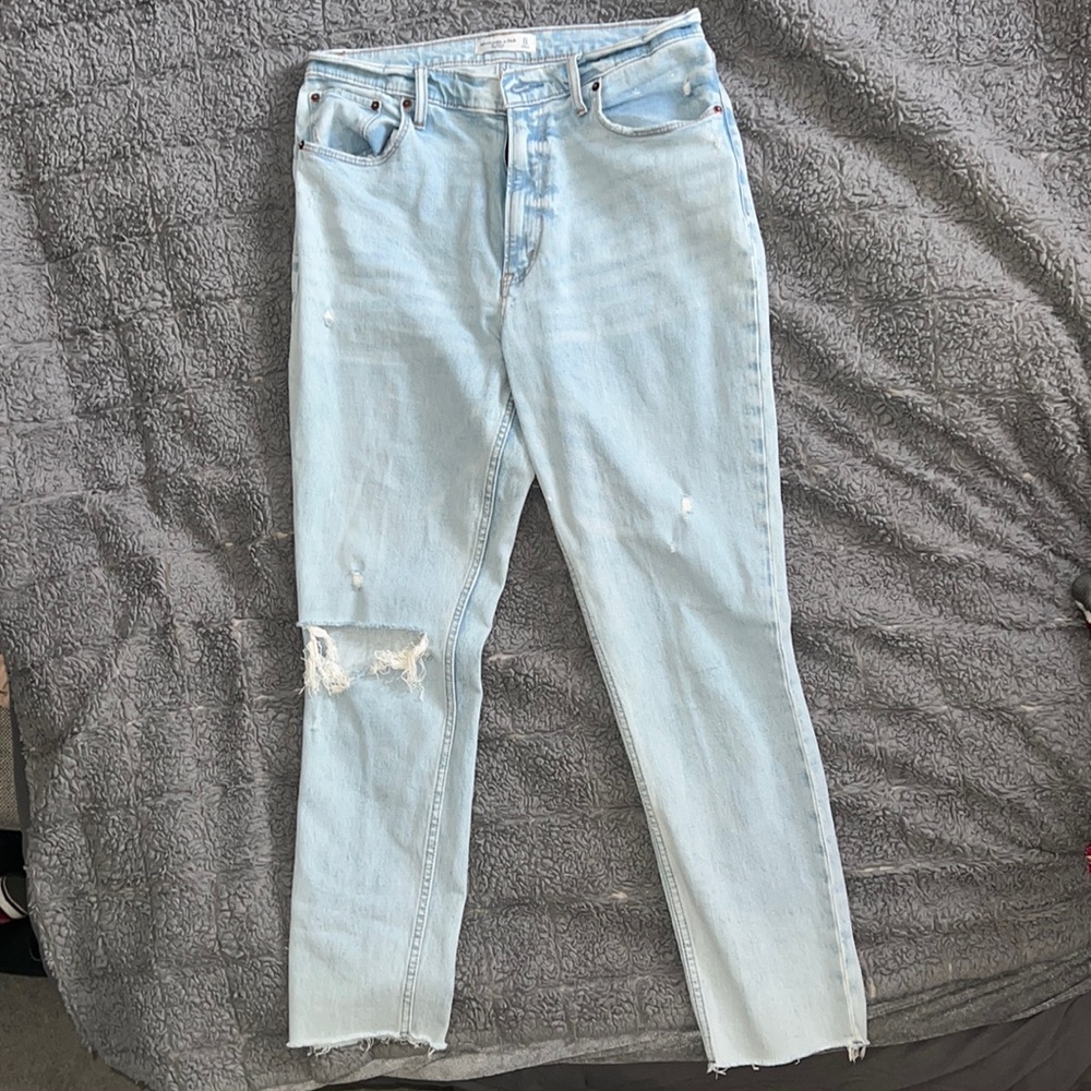 Abercrombie “skinny high rise” light wash distressed denim
